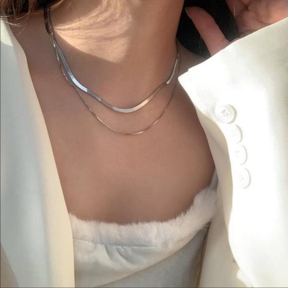 NEW 925 STERLING SILVER FLAT HERRINGBONE CHAIN DOUBLE LAYER NECKLACE - Picture 3 of 5